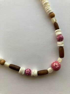 Pink Floral Beaded Necklace with White and Wood Accents